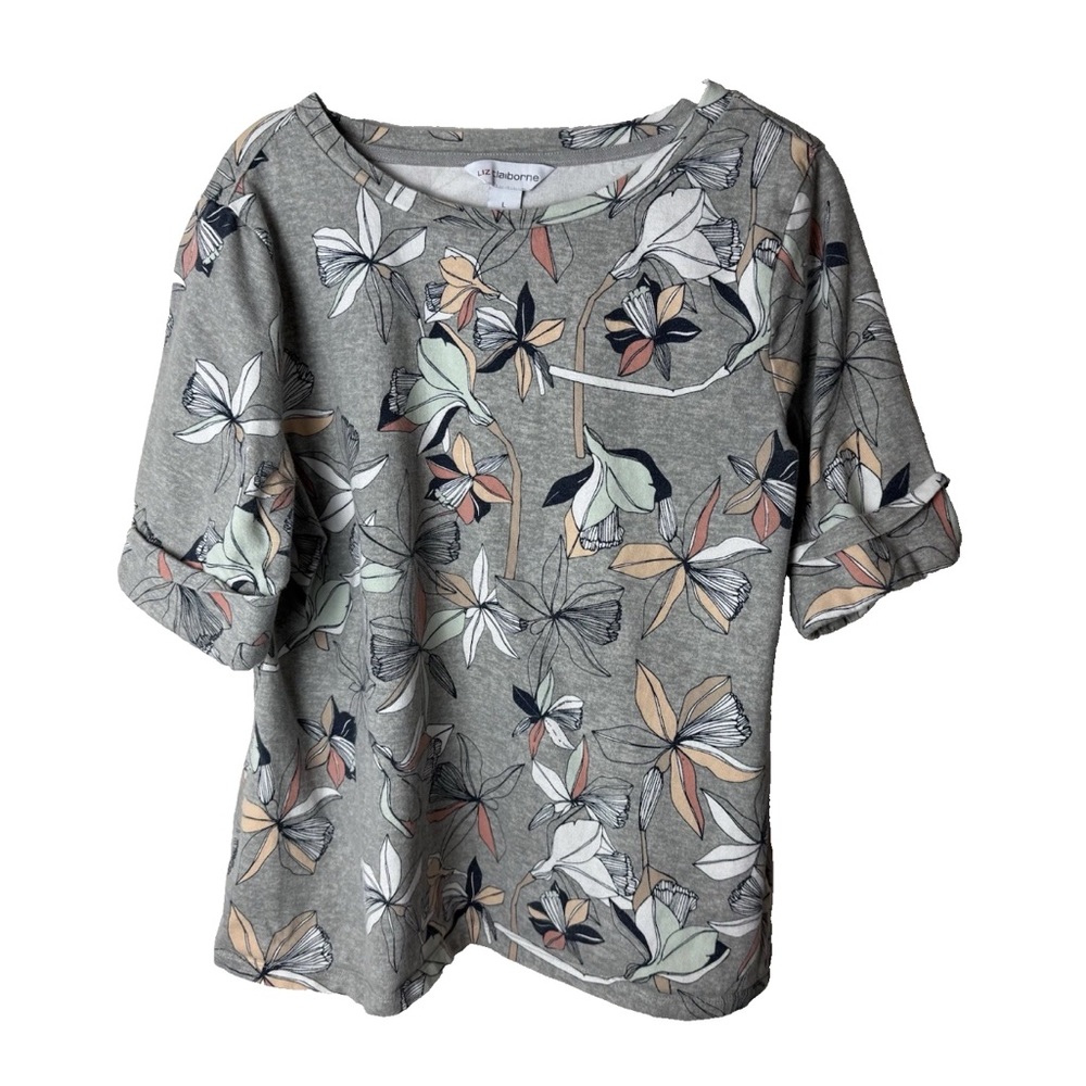 Liz Claiborne Top Size Large Short Cuffed Sleeves Floral Cotton Gray Navy Blue